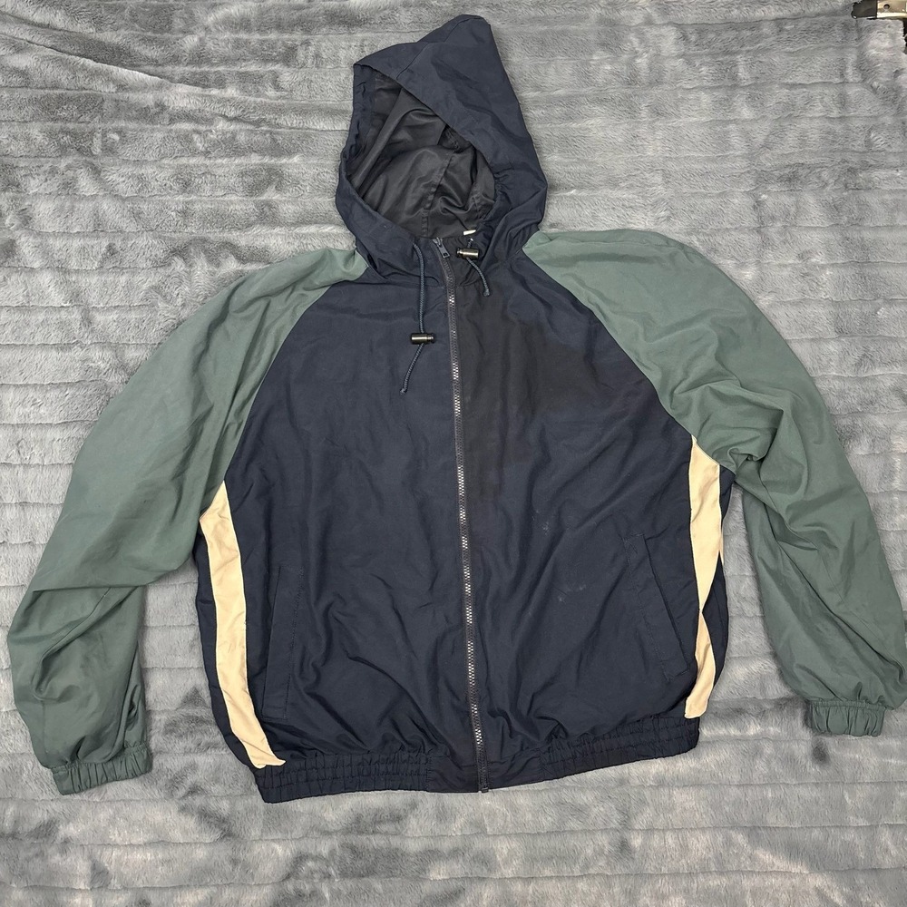 Champion Mens Large Colorblock Windbreaker Jacket Navy Green Full Zip Hooded L